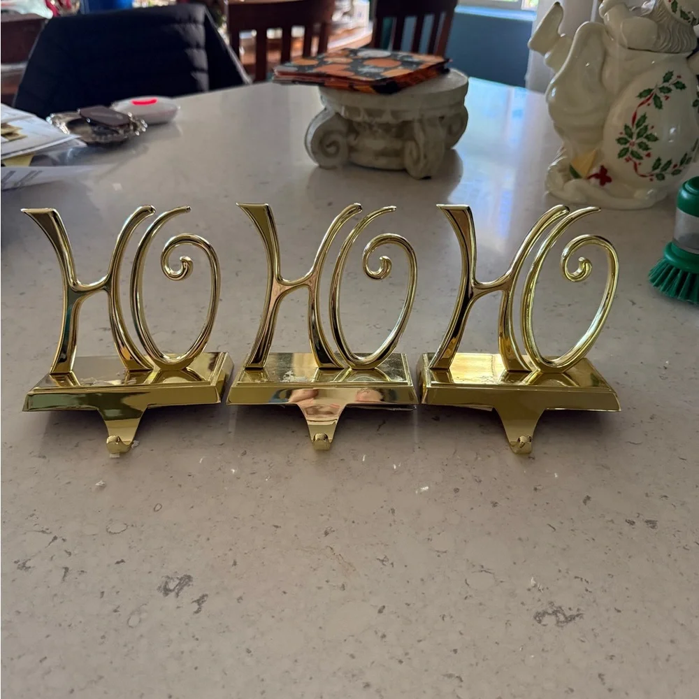 Pottery Barn 3 Ho Ho Ho Stocking Hangers Christmas Gold Tone HEAVY STURDY
